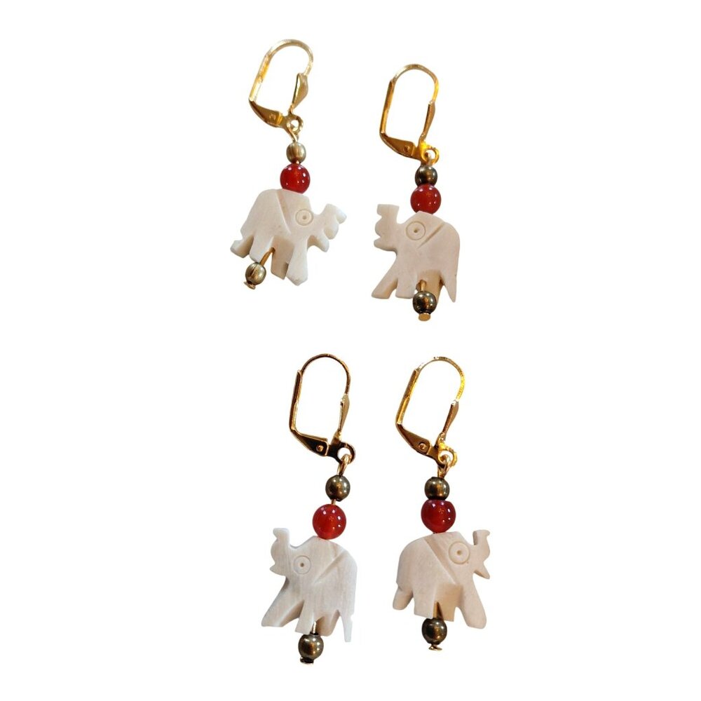 Elephant earrings handmade gold tone carnelian